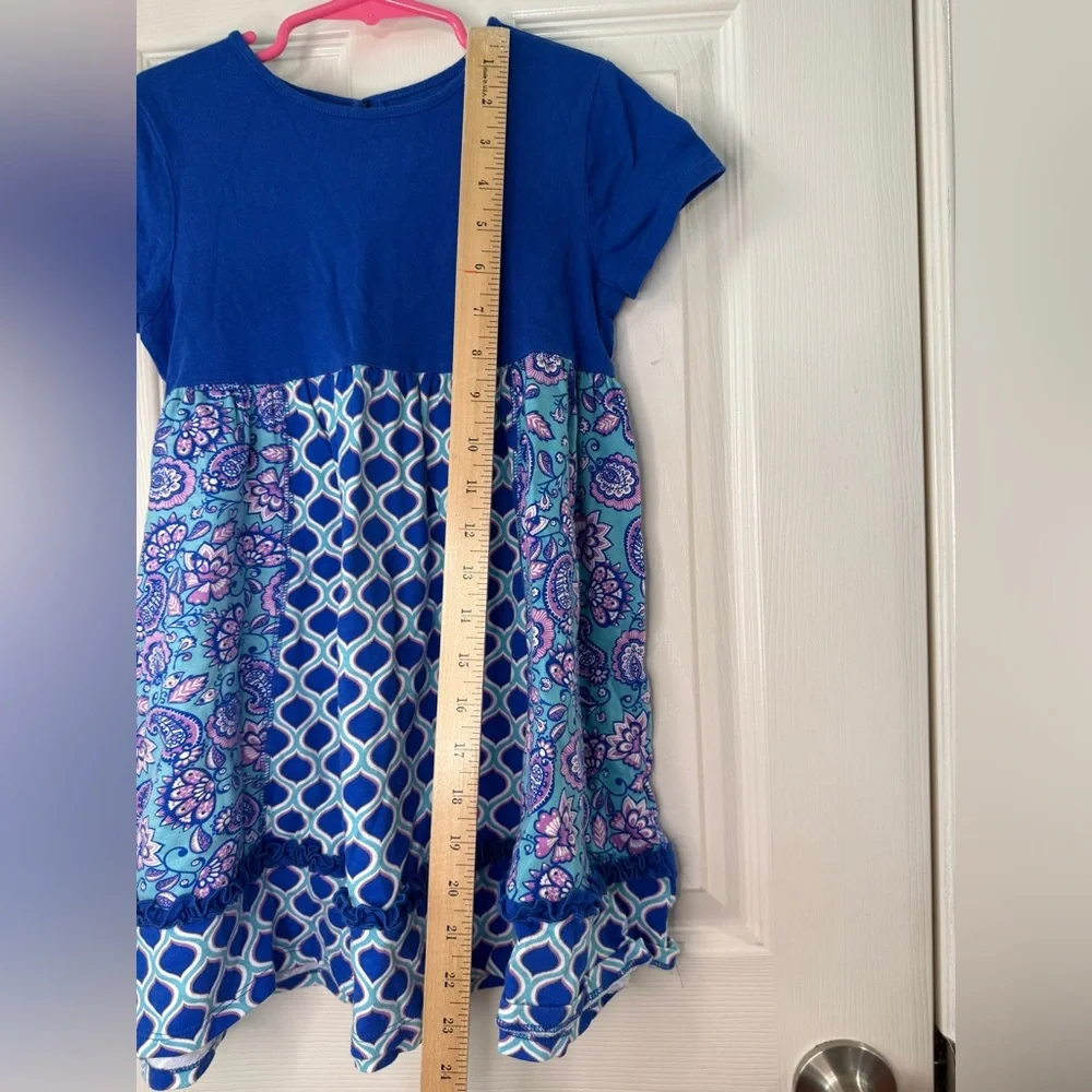 Girls Boutique Blue Patterned Dress Size 6 Cotton Kids Ruffle Hem Short Sleeve
